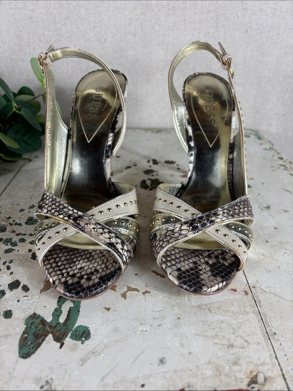 GUESS > Metallic Gold Slingback Heels with Snakeskin Accent 8
